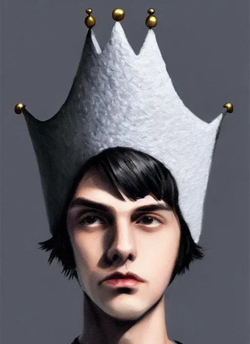 Image similar to portrait of teenage jughead jones wearing a light grey crown, photorealistic, crown made of fabric, crown, crown made of felt, black hair, intricate, elegant, highly detailed, digital painting, glowing lights, artstation, concept art, smooth, sharp focus, illustration, art by wlop, mars ravelo and greg rutkowski