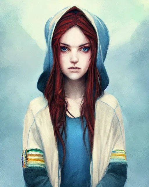 Image similar to colorful and Festive Captivating mage girl, with brown hair, a blue hoodie, serious looking, atmospheric lighting, painted, intricate, highly detailed by Charlie Bowater