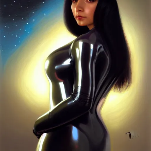 Image similar to a portrait of a very beautiful woman in a spacesuit, Alexandria\'s genesis, shoulder-length black hair, bored, illustration, soft lighting, soft details, painting oil on canvas by mark arian by artgerm, trending on artstation, 4k, 8k, HD