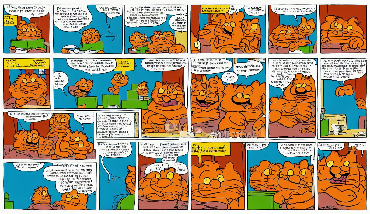 Image similar to garfield comic strip, 3 panels, illustrated by Jim Davis