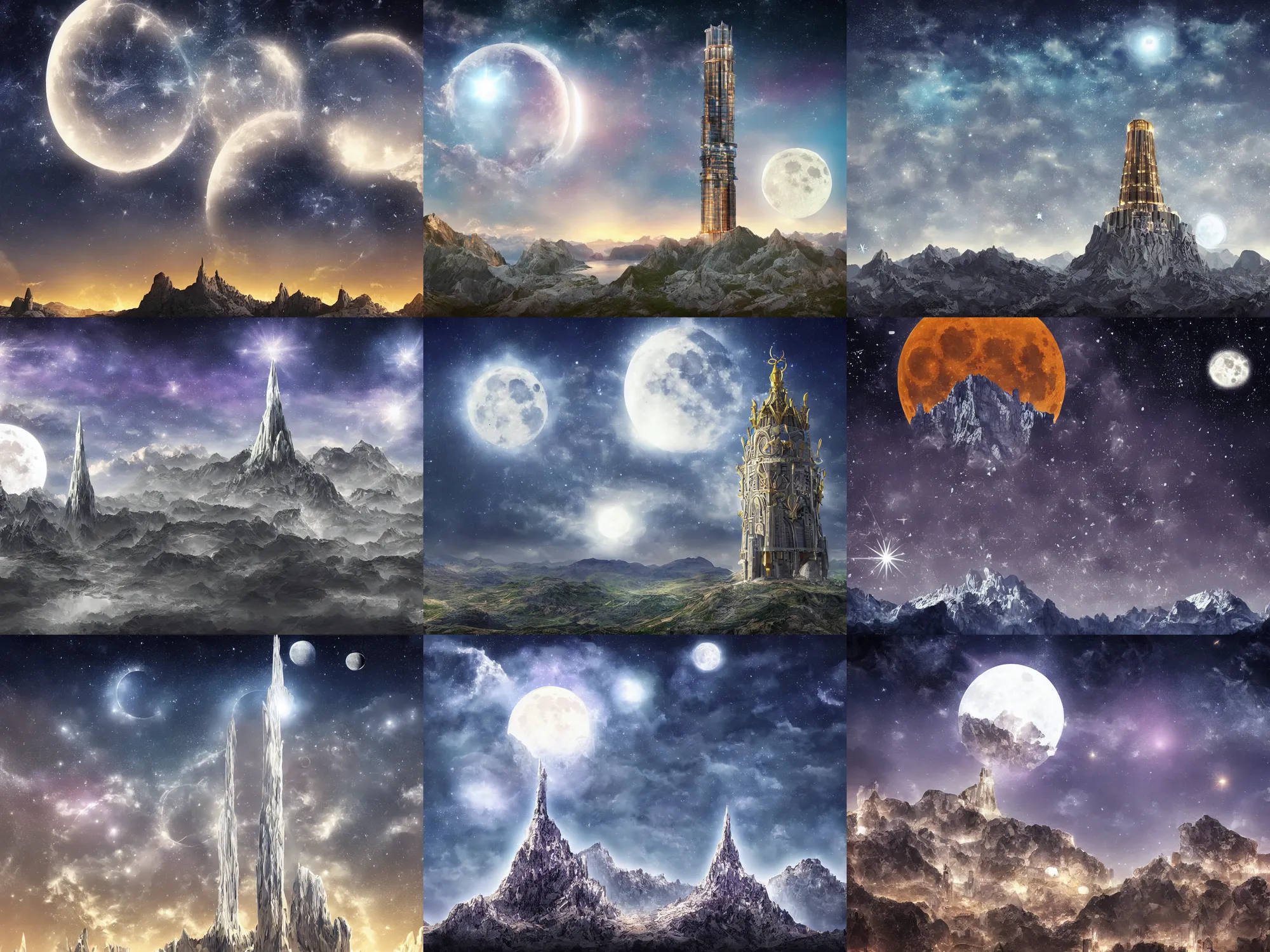 Prompt: super celestial tower, rising from mountain range, moon and stars background, complex and detailed digital art, trending