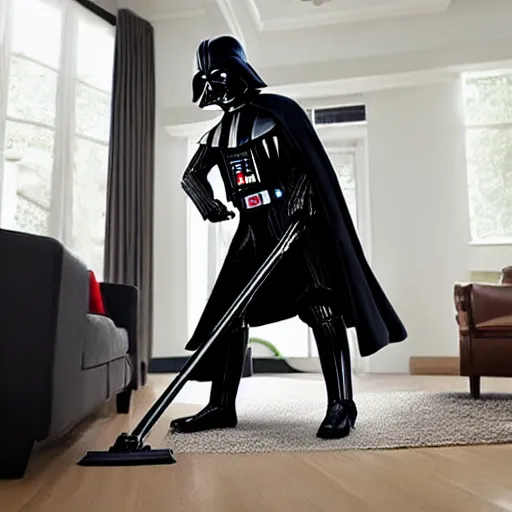 Image similar to Darth Vader vacuuming the house, photo realistic, award-winning, highly-detailed