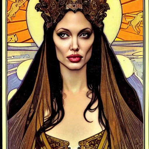 Prompt: angelina jolie portrait by louis - theophile hingre and alphonse mucha, realistic, sharp focus, zodiac signs, tarot cards, planets, ethereal, art nouveau, magic, moon, sun, crown, dreamy, royal, jewellery