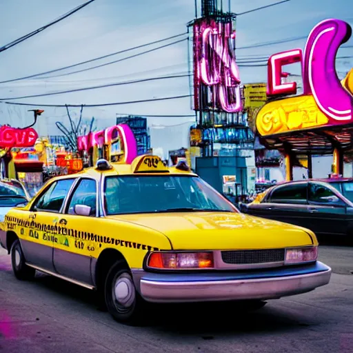 Prompt: taxi at neon gas station in space