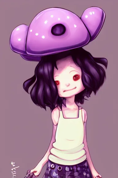 Image similar to a little girl wearing a mushroom hat in 9 0 s outfit | | purple curvy hair, pretty face, fine details, digial art by lois van baarle and sakimichan, anatomically correct, perfect composition, symmetrical, fantastic, clean details, anime character, extremely detailed, ray tracing, aesthetic