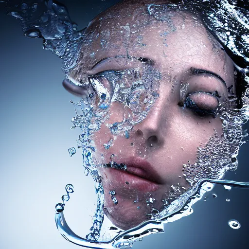 Image similar to water splashes forming a shape of a human head, water manipulation art, ray tracing, realistic water sharp focus, long shot, 8 k resolution, cinematic