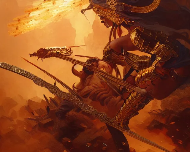 Prompt: battle of kings, fire and dust and golden armor, action, dramatic lighting, intricate, wild, highly detailed, digital painting, artstation, concept art, smooth, sharp focus, illustration, art by artgerm and greg rutkowski and alphonse mucha