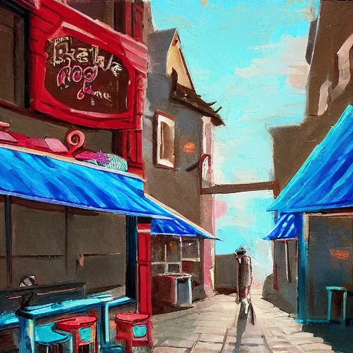 Prompt: a ice cream shop in a alleyway by enzhe zhao