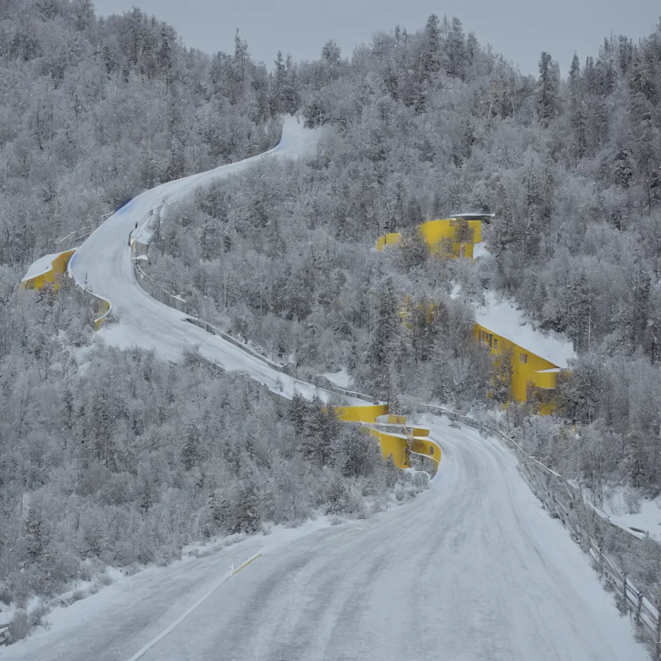 Image similar to a road leading to a mid-century modern house on top of a cliff in the arctic, covered with snow, designed by Frank Gehry, with a long pathway toward it. Big tiles. Film grain, cinematic, yellow hue