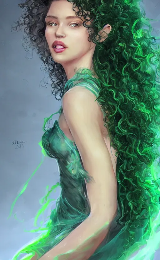 Image similar to a young woman with wild, curly hair and bright green eyes. she's wearing a flowing dress made of light, airy fabric and she has a mischievous look on her face, dynamic lighting, photorealistic fantasy concept art, trending on art station, stunning visuals, creative, cinematic, ultra detailed