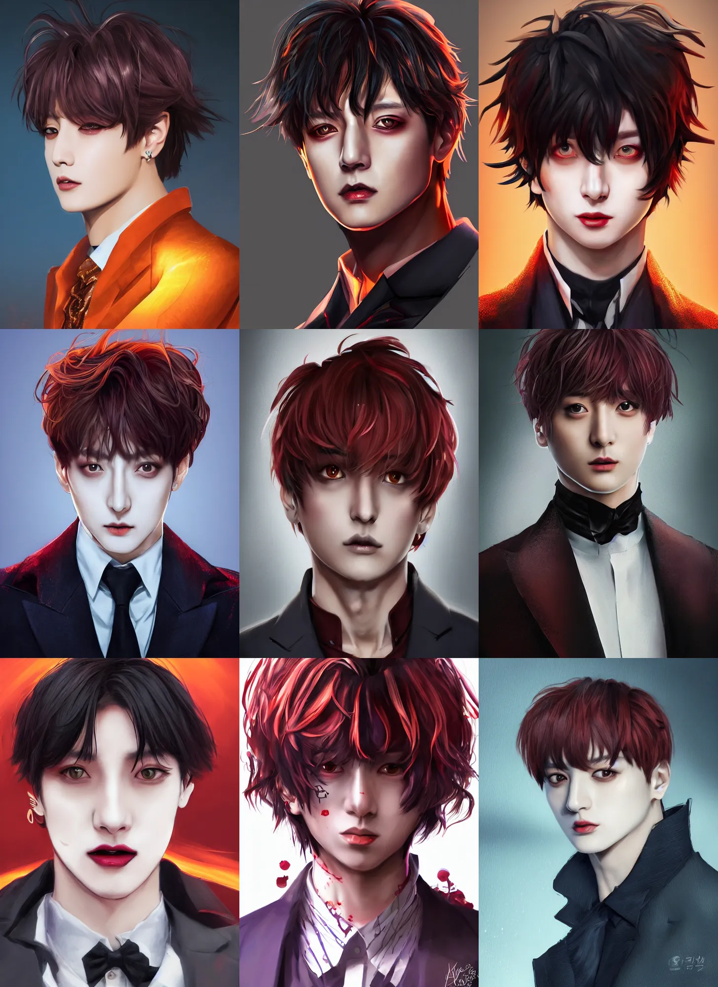 Prompt: jungkook jeon as a vampire. wearing intricate styled suit, semi realism, anime realism, korean symmetrical face, slim face, appealing, bright eyes, slightly larger nose, photorealism, uhd, amazing depth, glowing, golden ratio, sakimichan, greg rutowski, volumetric lighting, cinematic lighting, red orange lighting, artstation concept art
