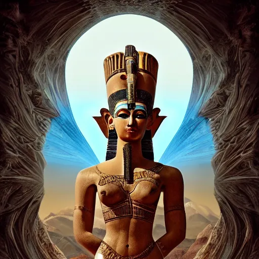 Image similar to A digital masterpiece illustration concept art of giant porcelain statue of a very beautiful Ancient egyptian princess its top in the heaven, beautiful eyes, symmetrical face, symmetrical body, taiga landscape + inspired art by mark brooks, peter kemp + Extremely detailed and intricate complexity + epic composition, magical atmosphere, cinematic lighting + wide long shot, wide angle + trending on artstation + 8k