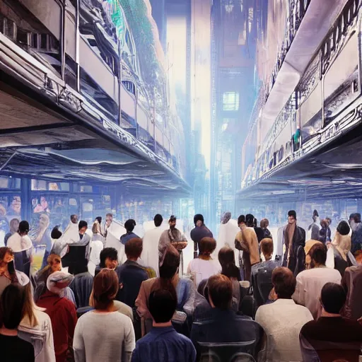 Image similar to large group people in a huge warehouse, looking at hologram of futuristic city on a table | cinematic concept art | godrays | 4 k | clear details | tabletop model | tabletop | hologram foreground