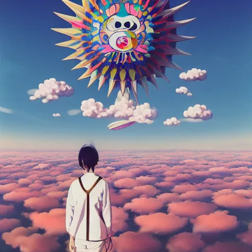 Image similar to a man walking on clouds away from the camera above kyoto by takashi murakami, beeple and james jean, aya takano color style, 4 k, super detailed, modern, 4 k, symmetrical