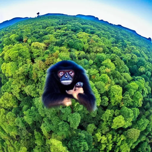 Image similar to gibbon gangling upside down from a hot - air balloon, posing for the camera, fisheye lens