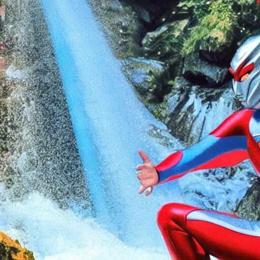 Image similar to a realistic photo of an ultraman swimming in a waterfall in the mountain