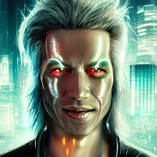 Image similar to cyberpunk, closeup portrait of a cyberpunk entertainer, hologram, blond hair, grey eyes, sadistic smile, delicate jaw, dramatic light, city background, sunset, dystopian setting, high contrast, sharp, neuromancer, peter riviera, painted by stanley lau, painted by greg rutkowski, painted by stanley artgerm, digital art, trending on artstation