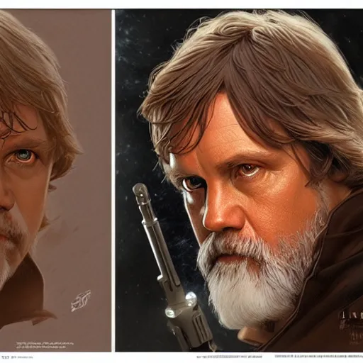 Image similar to luke skywalker grand master jedi from legends books, jedi from star wars, intricate detailed face, artgerm, greg rutkowski, alphonse mucha