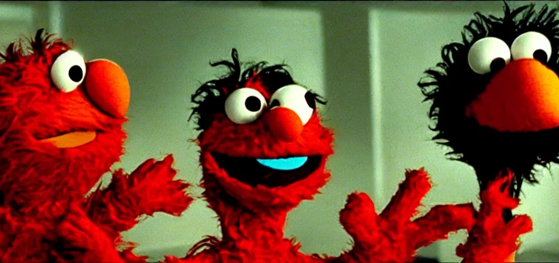 Prompt: still of drug - addicted elmo in requiem for a dream ( 2 0 0 0 ), cinematography by emmanuel lubezki, sesame street puppets, gritty, visceral