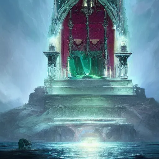 Image similar to a throne in heaven. On the throne sat someone who shone like a diamond or a ruby. Around the throne, a rainbow shone like an emerald. ,digital Art, hiperrealist Detailed, cinematographic, artstation Greg rutkowski