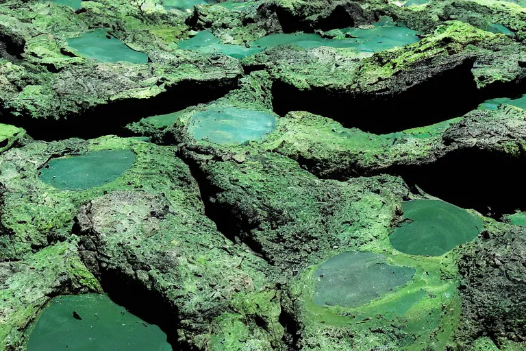 Image similar to glowing green rocks, toxic sludge, like where the hulk would live, landscape