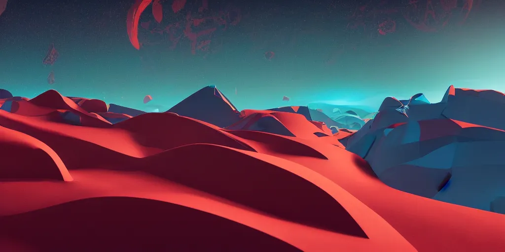 Image similar to abstract 3d landscape painted by zaha hadid in no mans sky style, redshift, octane