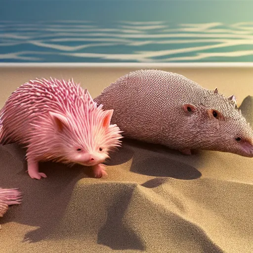 Image similar to axolotl and hedgehog chilling on a beach, concept render, sunset lighting, 4 k