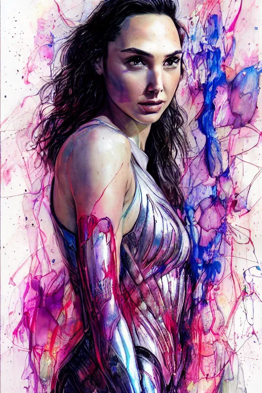 Image similar to gal gadot by agnes cecile enki bilal moebius, intricated details, view 3 / 4 back, full body portrait, extremely luminous bright design, pastel colours, drips, autumn lights
