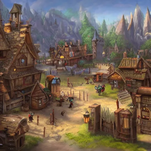 Image similar to large fantasy town filled with people, game concept art, illustration, unreal,