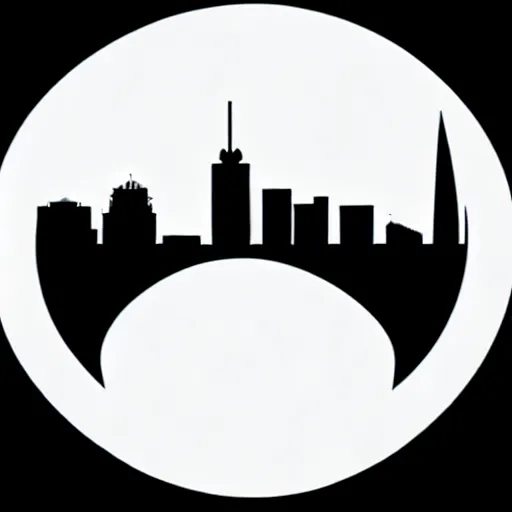 Image similar to a perfect circle where the inside is empty blank space and around the outer edge of the circle is the silhouette of a city skyline, black and white, minimalist, in the style of a line drawing