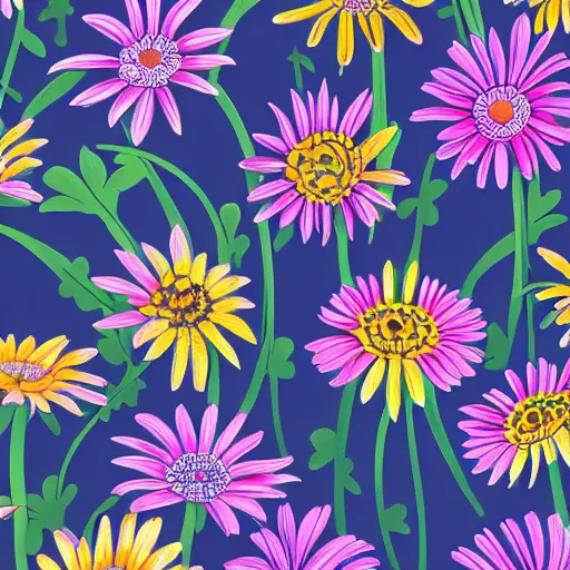 Prompt: highly detailed daisy pattern growing out of books, in the style of old botanical illustrations, matisse, lisa frank, and japanese art, 4 k