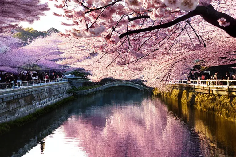 Prompt: cherry blossom and the kamo river, kyoto, japan. volumetric lighting, ( dew ), spring morning, clear weather, very few clouds, realistic illustration, perfectly shaded, soft painting, art by krenz cushart and wenjun lin