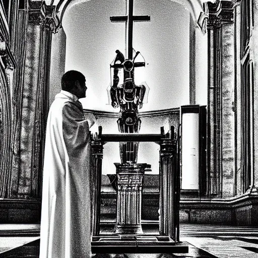 Prompt: a priest baptizing a of psychedelic robot in a vatican church wide - angle. holy light. painting. desaturated