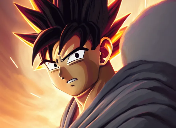 Image similar to highly detailed portrait of goku, in one punch man, stephen bliss, unreal engine, fantasy art by greg rutkowski, loish, rhads, ferdinand knab, makoto shinkai and lois van baarle, ilya kuvshinov, rossdraws, tom bagshaw, global illumination, radiant light, detailed and intricate environment