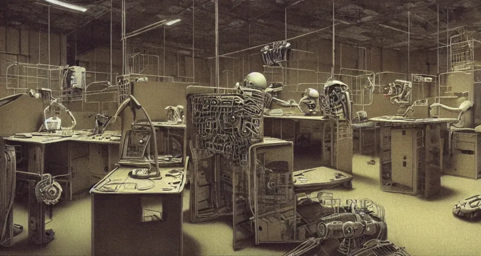 Image similar to IKEA catalogue photo of an office with robots, sand and old computers by Beksinski