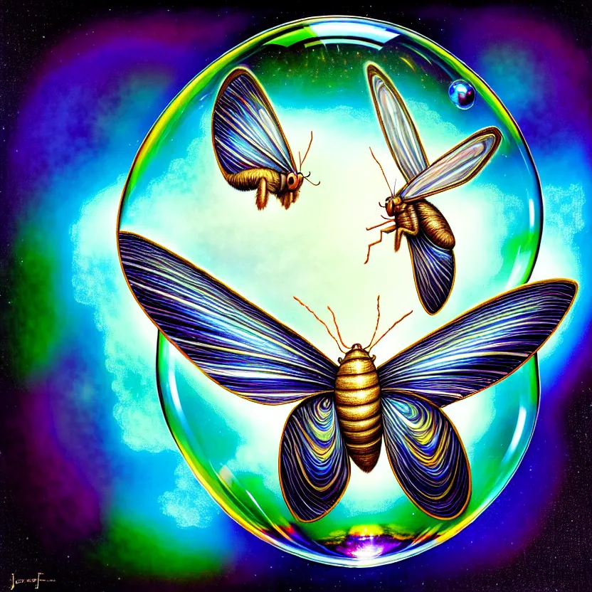 Prompt: a photorealistic detailed image of a moth in a soap bubble, spiritualism, wordly, utopian, triumphant, cinematic, epic, grandiose, unhinged, biology, surrealistic, by jason felix, dan mumford, kinkade, lisa frank, lois van baarle, ross tran, wpa, public works mural, orthodoxy