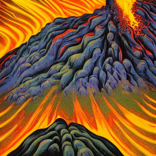 Image similar to vulcano, lava, trees on fire, surreal by dan mumford and umberto boccioni, oil on canvas