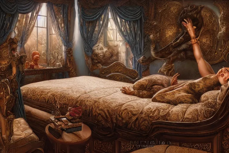 Image similar to detailed leopard print bed in the vaporwave bedroom. highly detailed, digital painting, artstation, concept art, smooth, sharp focus, illustration, artgerm, tomasz alen kopera, peter mohrbacher, donato giancola, joseph christian leyendecker, wlop, boris vallejo