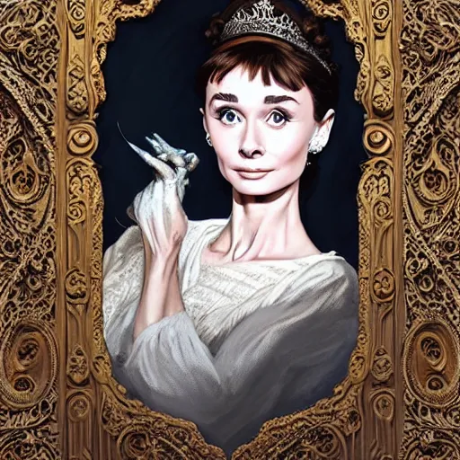 Image similar to audrey hepburn in an epic victorian novel, inside an ornate castle, intricate, elegant, highly detailed, digital painting, artstation, matte, illustration, art by artgerm, greg rutkowski, loish, rhads, ferdinand knab, makoto shinkai, lois van baarle, ilya kuvshinov, rossdraws, tom bagshaw