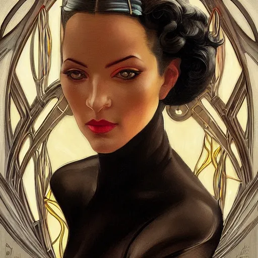 Image similar to a streamline moderne, ( art nouveau ), multi - racial portrait in the style of charlie bowater, and in the style of donato giancola, and in the style of charles dulac. intelligent, expressive eyes. symmetry, ultrasharp focus, dramatic lighting, semirealism, intricate symmetrical ultrafine ( ( dieselpunk ) ) background detail.