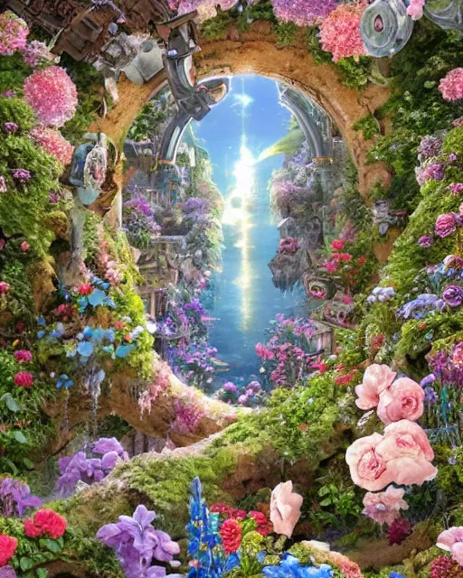 Image similar to photo of a portal to paradise, 8 k high definition, flowers, machines, insanely detailed, intricate, art by akihiko yoshida, antilous chao, woo kim