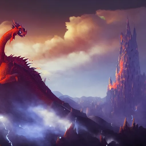 Image similar to shrek riding a fire breathing dragon over a city in flames, ethereal, matte painting