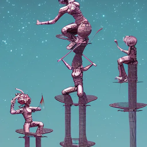 Image similar to rpg character concept art, three cyborgs doing acroyoga while floating in cosmic space, intricate detail, in the style of jamie hewlett kawase hasui riyoko ikeda, 3 d render, artstation trending, 8 k, octane render, photorealistic, sharp detail, manga, black and white