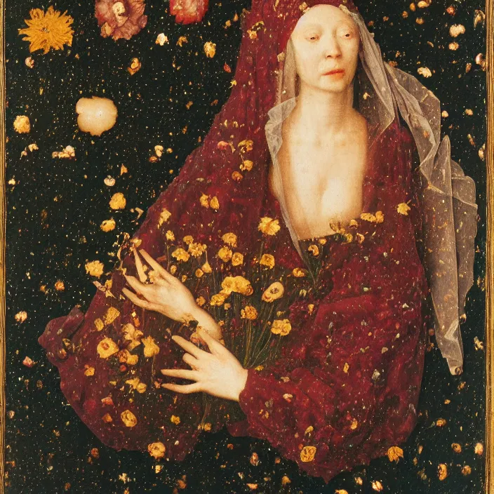 Image similar to a veiled woman with crying flowers in a nebula, by Jan van Eyck