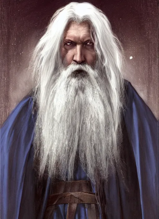 Image similar to medium - length portrait of a male wizard, arcane sigils hovering over his hands, with long white hair and glowing blue eyes, long white beard, dark brown skin, stern expression, wears a long robe, medieval setting, dramatic pose, highly detailed, digital painting, artstation, concept art, sharp focus, illustration, art by greg rutkowski and alphonse mucha