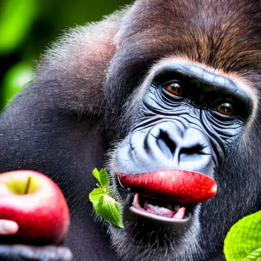 Image similar to a gorilla wearing a top hat and biting into an apple in the rainforest, dslr photo, 60mm