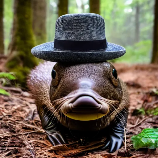 Image similar to detailed photograph of a platypus wearing a fedora in a forest, national geographic, realistic, cinematic lighting, 8 k, cute, adorable, fedora, wearing a hat, wearing a fedora, realistic