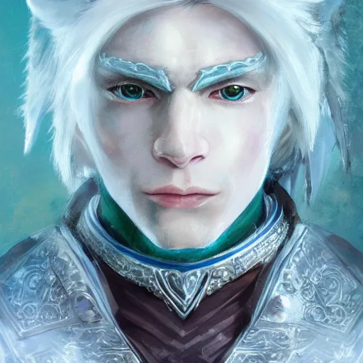 Prompt: half length portrait of a handsome male snow elf in a turquoise cape and silver ornate armour as an archer, albino skin, pale pointed ears, winter vibes, perfect face, elegant, very coherent symmetrical artwork, atmospheric lighting, rule of thirds, by wenjun lin, krenz cushart, charlie bowater, trending on artstation