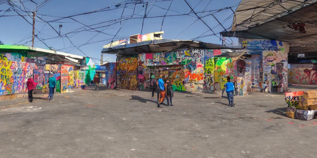 Prompt: market la terminal in guatemala city if it was a game like grand theft auto v first person view, with realistic visuals and award winning gameplay, graffitis