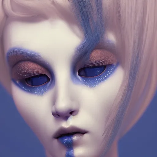 Image similar to an eerie but beautiful and feminine looking android, white mask and blue eyes, japanese geisha style, by Ash Thorp, 8k, octane render, highly detailed, moody, atmospheric